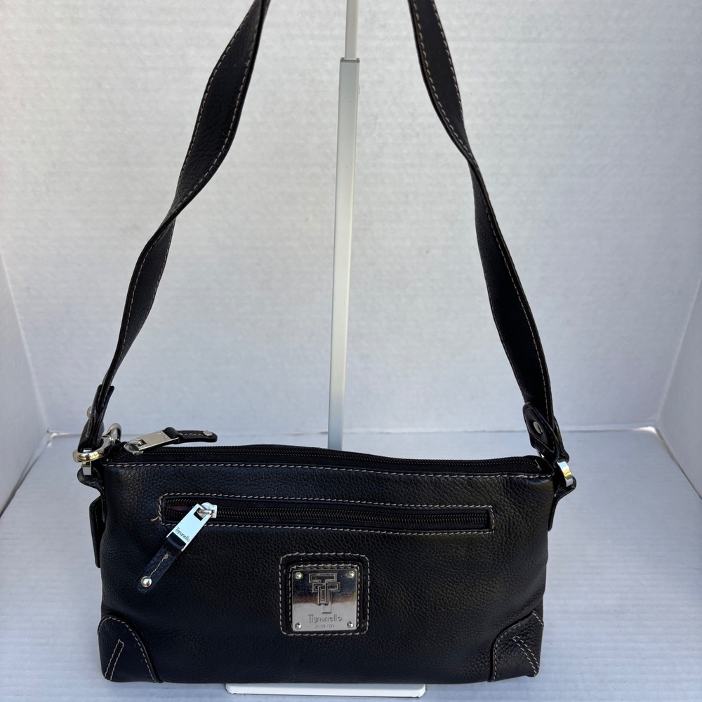 Tignanello Black Pebbled Leather Shoulder‎ Bag Contrast Stitch Baguette Purse